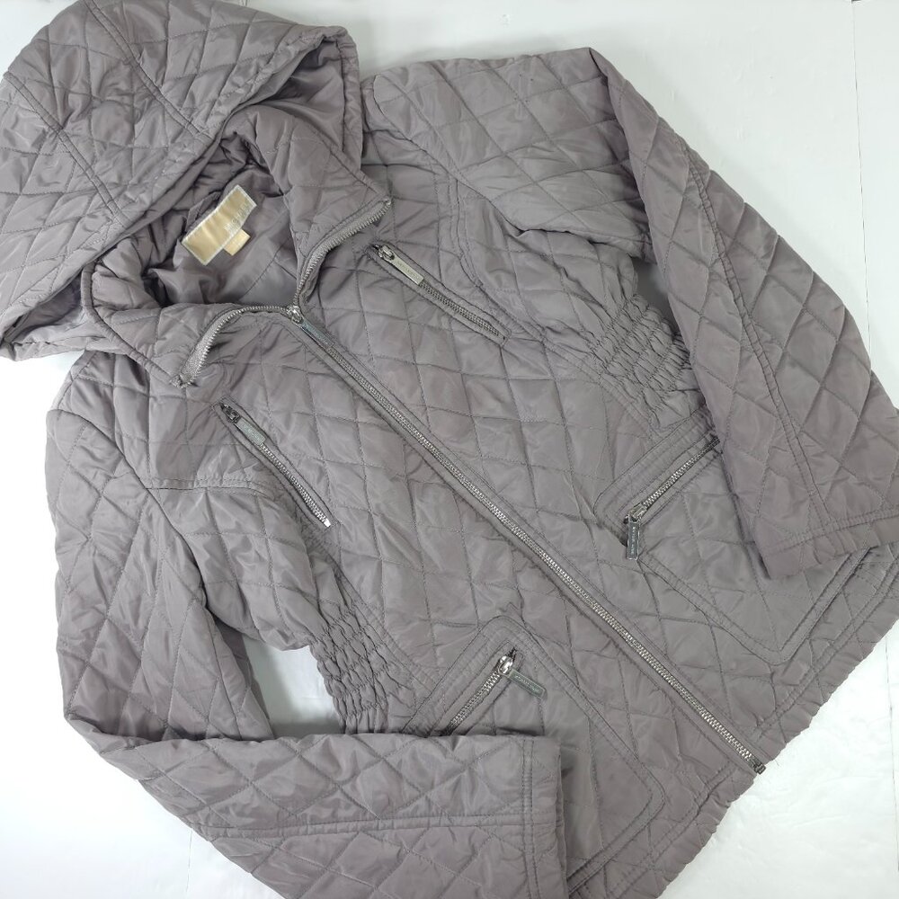 MICHAEL KORS GRAY QUILTED JACKET WOMEN'S SIZE PETITES MEDIUM HOODED ZIP POCKETS